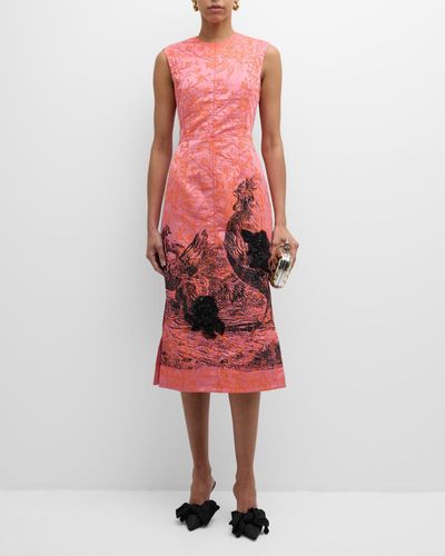Erdem Sequined Chicken-Print Sleeveless Bow Floral Brocade Midi Dress - Red