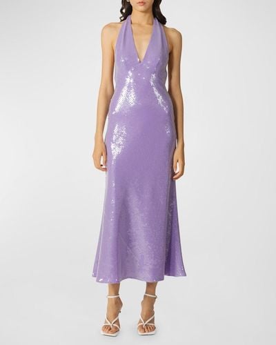 SAU LEE Octavia Sequined Backless Halter Midi Dress - Purple