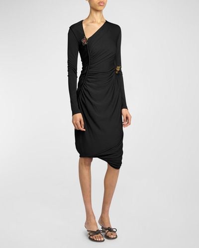 Bottega Veneta Flower-Applique Long-Sleeve Ruched Matte Crepe Viscose Jersey Dress - Black