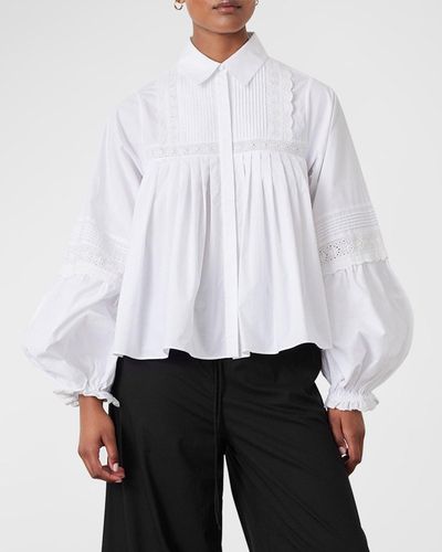 Joslin Studio Anastasiya Pleated Pintuck Organic Cotton Shirt - White