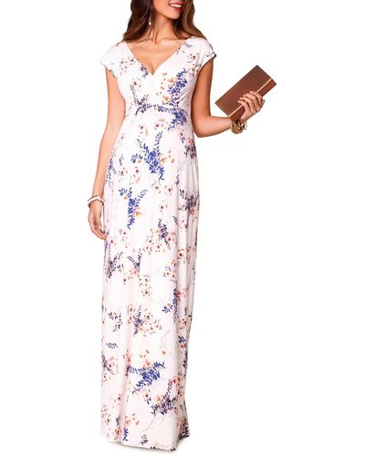 TIFFANY ROSE Maternity Leaf-Print V-Neck Cap-Sleeve Maxi Dress - White