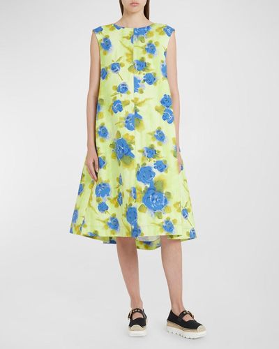Marni Flared Floral-Print Dress With Wide Cape Back - Yellow