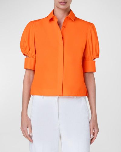 Akris Punto Puff-Sleeve Cotton Poplin Collared Shirt - Orange