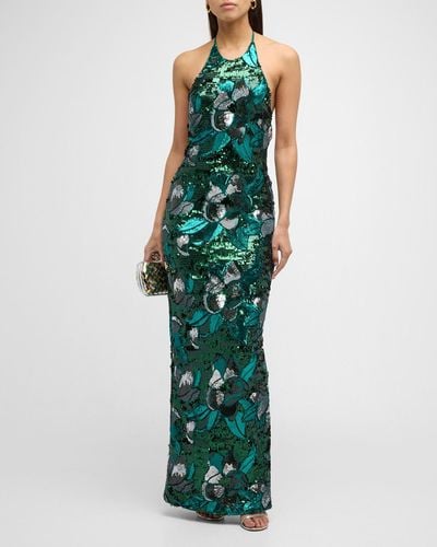 HELSI Uma Backless Sequin Floral Halter Gown - Green