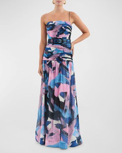 Rebecca Vallance Francois Ruched Brushstroke- Gown - Blue