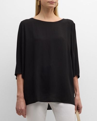 Eileen Fisher Scoop-Neck 3/4-Sleeve Silk Top - Black