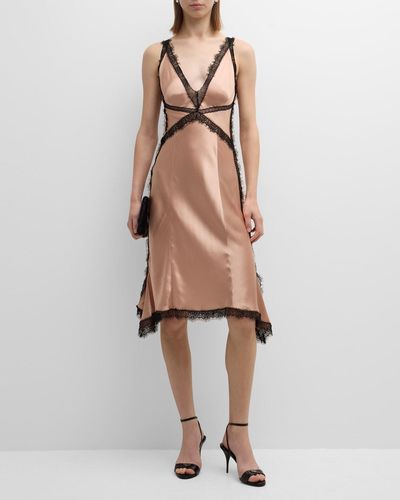 Alberta Ferretti Contrast Lace-Trim Satin Slip Dress - Natural