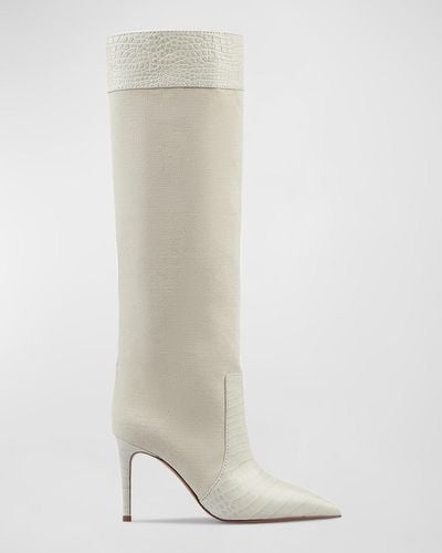 Paris Texas Croco Stiletto Knee Boots - White