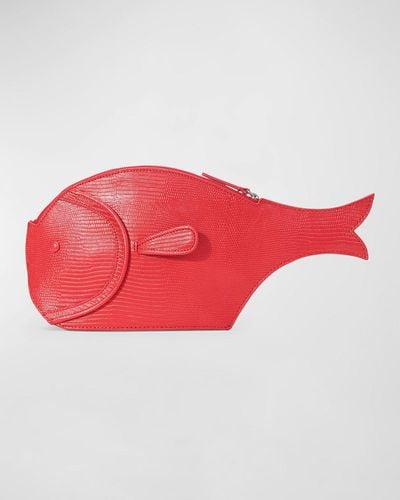 STAUD Fish Lizard-Embossed Leather Clutch Bag - Red