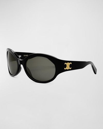 Celine Triomphe Acetate Oval Wrap Sunglasses - Black