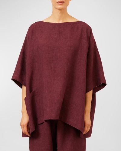 Eskandar Angle-To-Front 3/4-Sleeve Scoop-Neck Tunic (Long Length) - Red