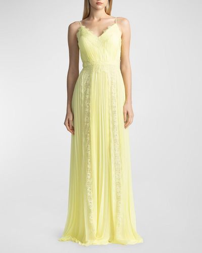 Zac Posen Sleeveless Pleated Lace-Trim Chiffon Gown - Yellow