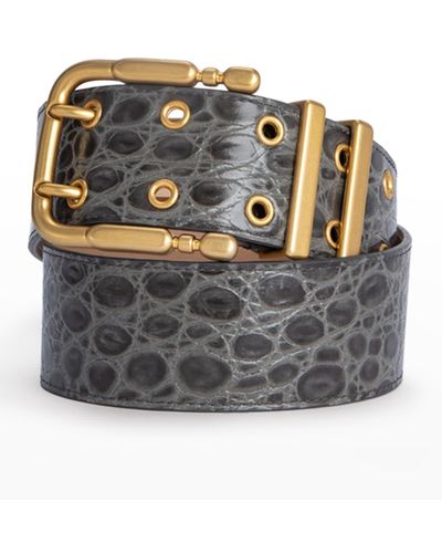 BY FAR Double Grommet Croc-embossed Leather Belt - Gray