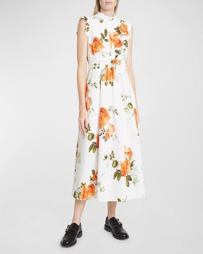 Erdem Floral-Print Ruffle Sleeveless Midi Shirtdress - White