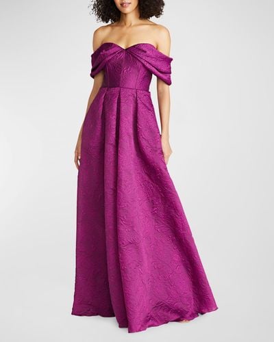 THEIA Joelle Off-Shoulder Pleated Jacquard Gown - Purple