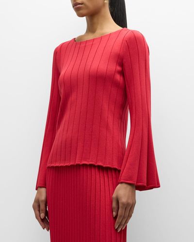 Misook Ribbed Bell-Sleeve Scoop-Neck Tunic - Red