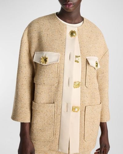 St. John Satin-Trim Novelty-Button Collarless Tweed Jacket - Natural