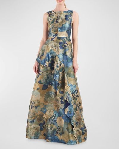Kay Unger Selene Sleeveless Floral-print Ruffle Gown - Blue