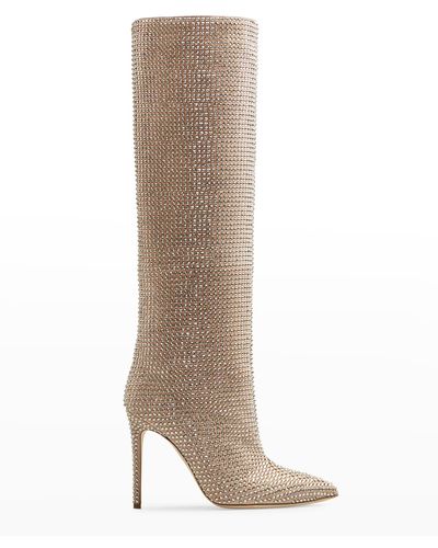 Paris Texas Holly Crystal Tall Stiletto Boots - Natural