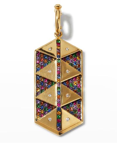 Harwell Godfrey Yellow Gold Elongated Hexagon Shield Charm With Rainbow Sapphires - Metallic
