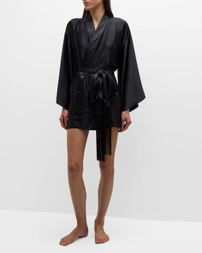 Kiki de Montparnasse Fringe-Trim Silk Mini Kimono Robe - Black