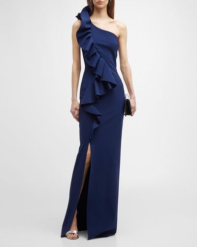 La Petite Robe Di Chiara Boni Pervinca One-Shoulder Ruffle Column Gown - Blue