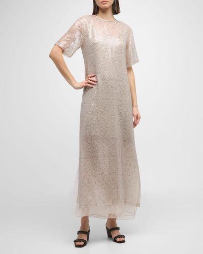 Brunello Cucinelli Paillette Overlay Short-sleeve Slits-hem Crispy Silk Gown - Natural