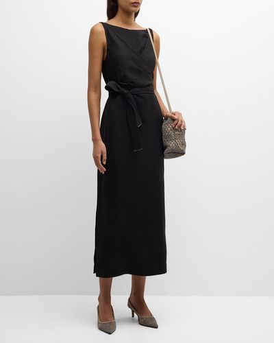 Brunello Cucinelli High-Neck Monili-Trim Wrap-Waist Fluid Linen Midi Dress - Black