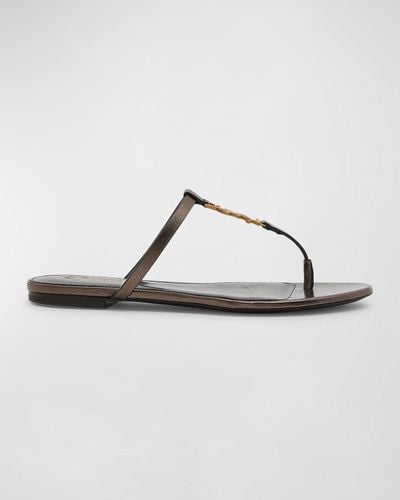 Saint Laurent Cassandra Leather Ysl Thong Sandals - Metallic