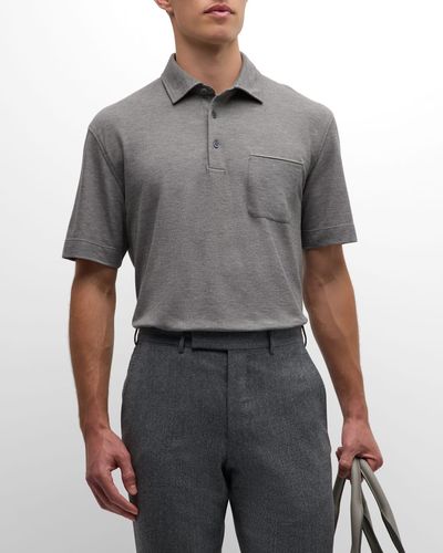 ZEGNA Cotton Polo Shirt With Leather-Trim Pocket - Gray