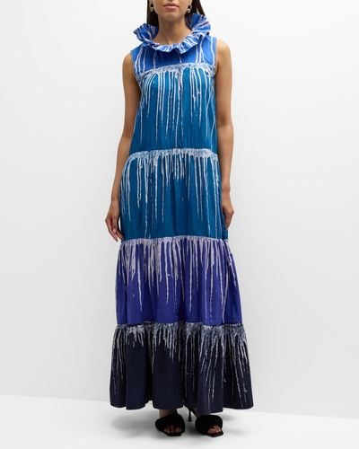 Busayo Sesan Sleeveless Drip Paint Tiered Maxi Dress - Blue
