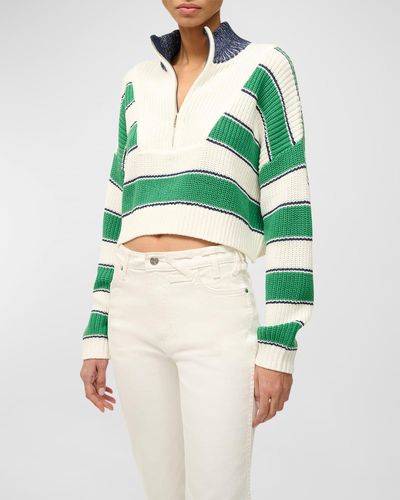 STAUD Hampton Chunky Stripe Knit Cropped Pullover Sweater - Green