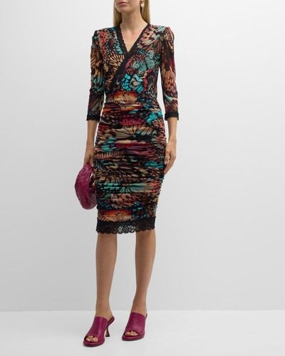 Fuzzi Butterfly-Print Lace-Trim Tulle Midi Dress - Multicolor