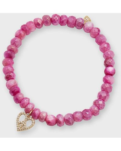 Sydney Evan 14K Moonstone Beaded Bracelet With Diamond Peace Heart Charm - Pink