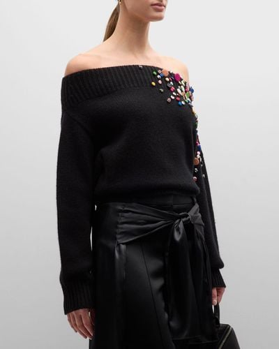 Hellessy Bruno Button Embellished Off-Shoulder Wool Cashmere Sweater - Black