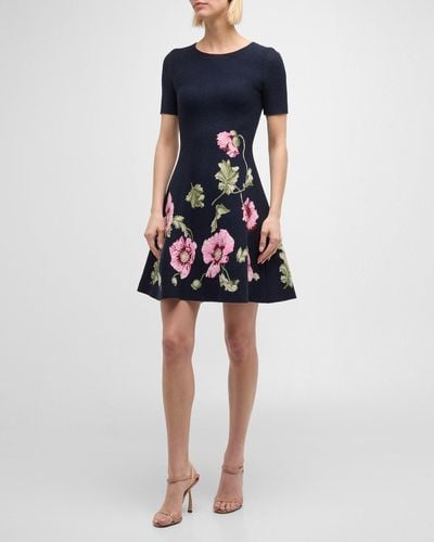 Oscar de la Renta Jewel-Neck Poppies Jacquard Short-Sleeve Mini Dress - Blue