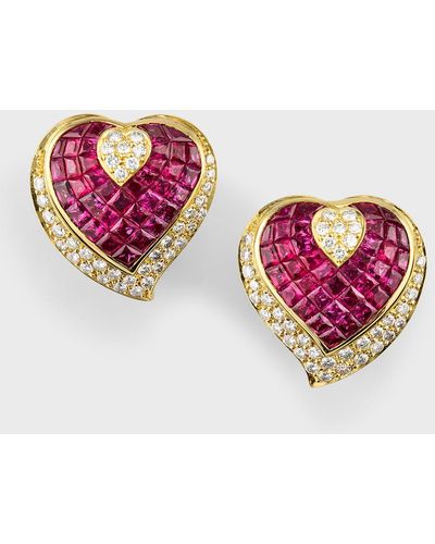 NM Estate Estate 18k Yellow Gold Pave Diamond And Invisible Set Ruby Heart Earrings - Red