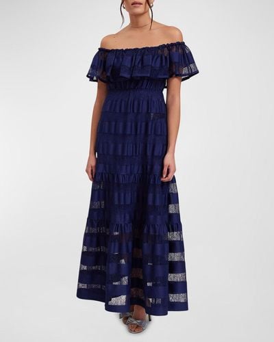 Anne Fontaine Valeriane Off-Shoulder Striped Lace Maxi Dress - Blue