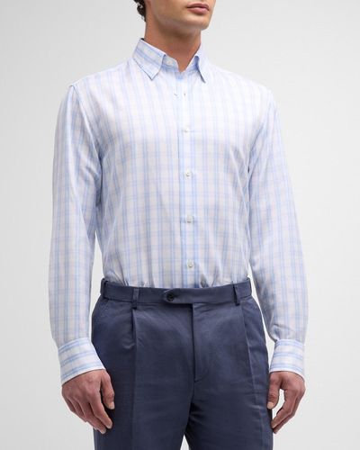 Brioni Cotton-Linen Check-Print Sport Shirt - Blue
