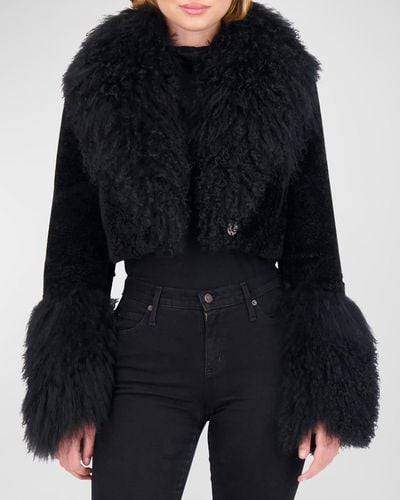 Gorski Cashmere Goat Fur Crop Bolero Jacket With Mongolian Goat Fur Collar And Cuffs - Black