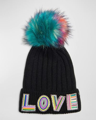 Jocelyn Love Knit Wool Beanie With Faux Fur Pom - Black
