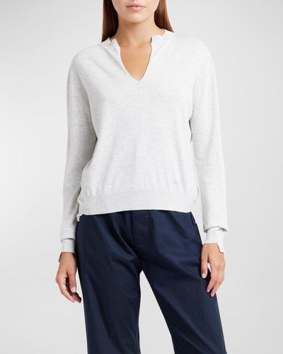 Plan C Split V-Neck Long-Sleeve Cashmere Sweater - White