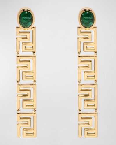 Azlee Greek Pattern Emerald Long Drop Earrings - Metallic