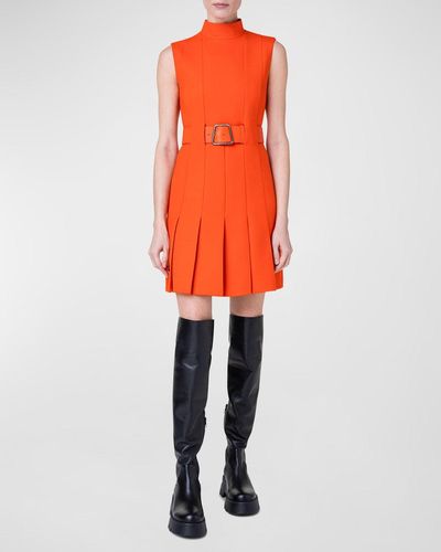 Akris Mock-Neck Sleeveless Belted Pleated Mini Dress - Orange
