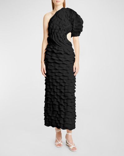 Chloé One-Shoulder Long Fitted Dress With Knit Ruffles - Black