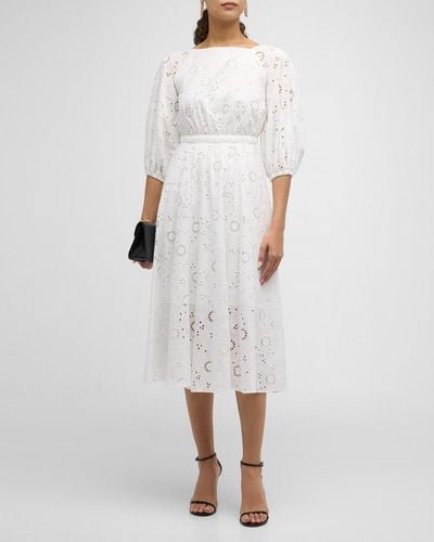 Carolina Herrera Shirred Puff-Sleeve Broderie Anglaise Midi Dress - White