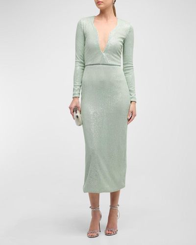Giorgio Armani Plunging Long-Sleeve Reverse Paillette Knit Midi Dress - Green