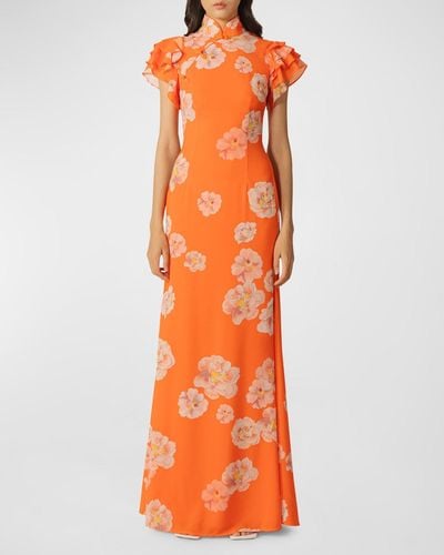 SAU LEE Sylvie Mandarin-Collar Floral Chiffon Maxi Dress - Orange