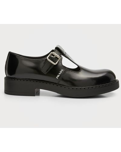 Prada T-Strap Brushed Leather Mary Jane Shoes - Black