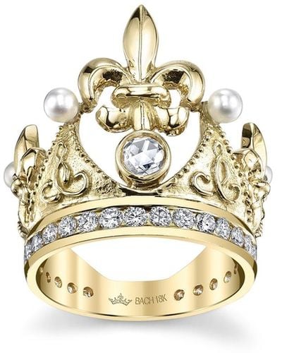 Cynthia Bach 18k Fleur-de-lis Diamond & Pearl Crown Ring, Size 5.75 - Metallic